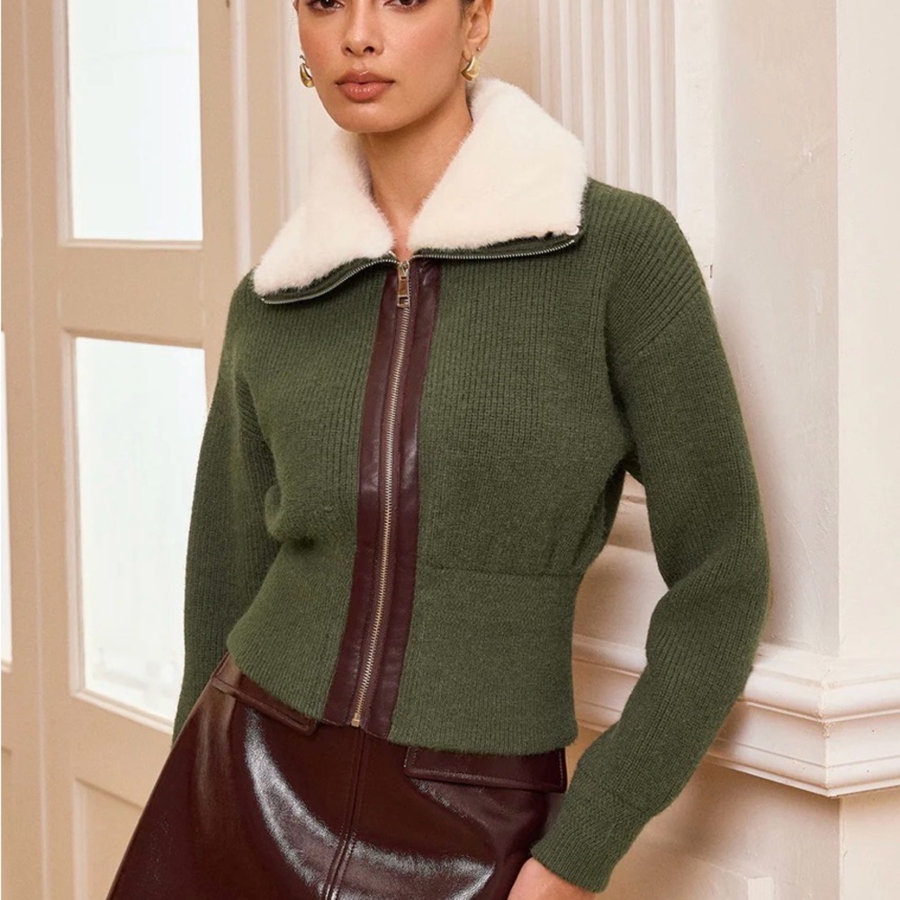 Commense Olive Bomber Jacket with Cream Collar - Picture 5 of 5